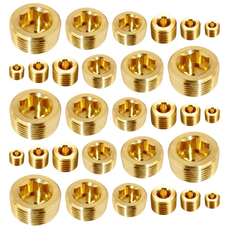 Joywayus 30PCS Brass Hex Counter Sunk Plug 116 18 14 38 12 34 NPT Male Pipe Fitting Set Internal Hex Socket Thread Pipe Plug for Closing the End of Pipe - Image 2