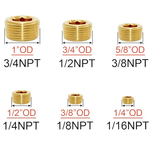 Joywayus 30PCS Brass Hex Counter Sunk Plug 116 18 14 38 12 34 NPT Male Pipe Fitting Set Internal Hex Socket Thread Pipe Plug for Closing the End of Pipe - Image 3