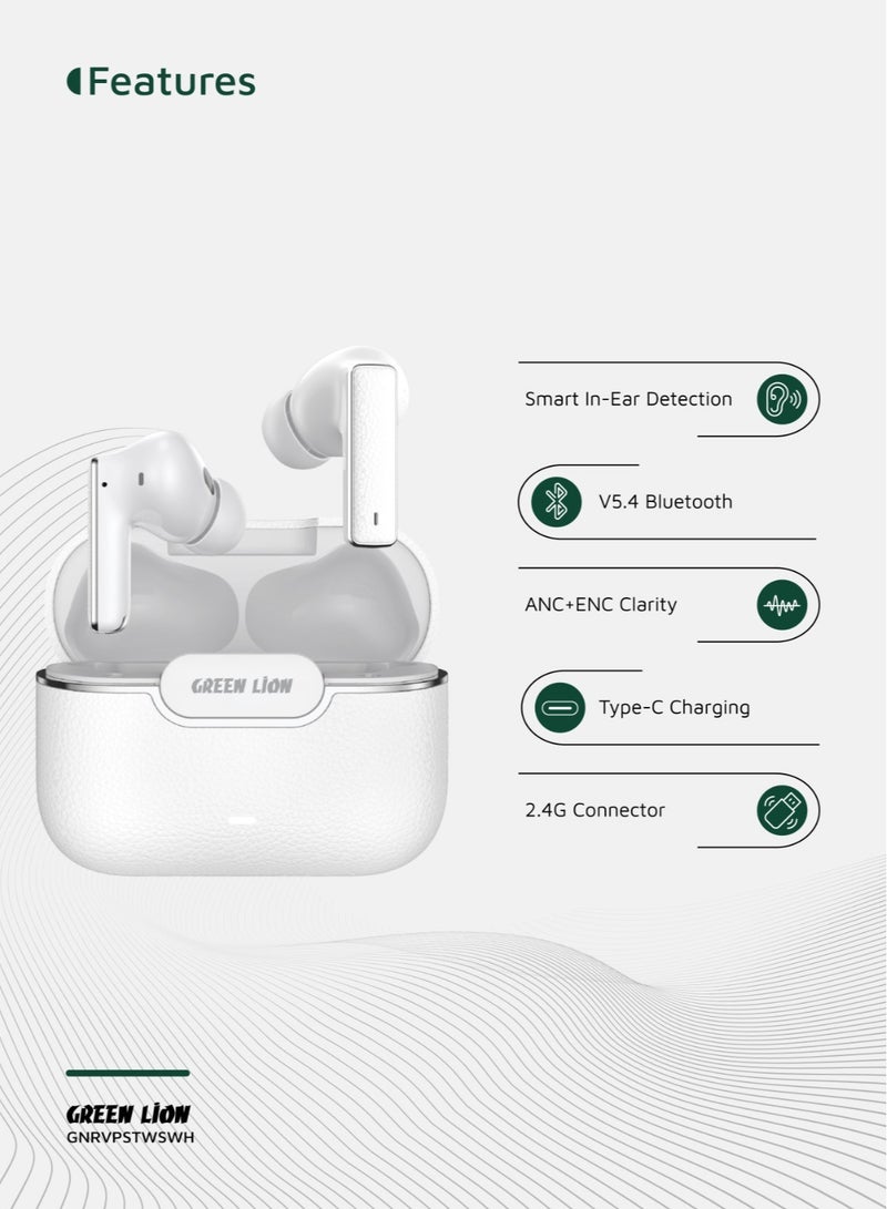 GREEN LION River Plus True Wireless Earbuds ANC + ENC Clarity and 2.4G Connector / Truewireless Headphones / Smart In-Ear Detection / Wireless Charging / Waterproof Earbuds / Hands-Free Headphone / 6-Mic ENC Calls / In-Ear Headphones for Music, Calls & Gaming - White - Image 2
