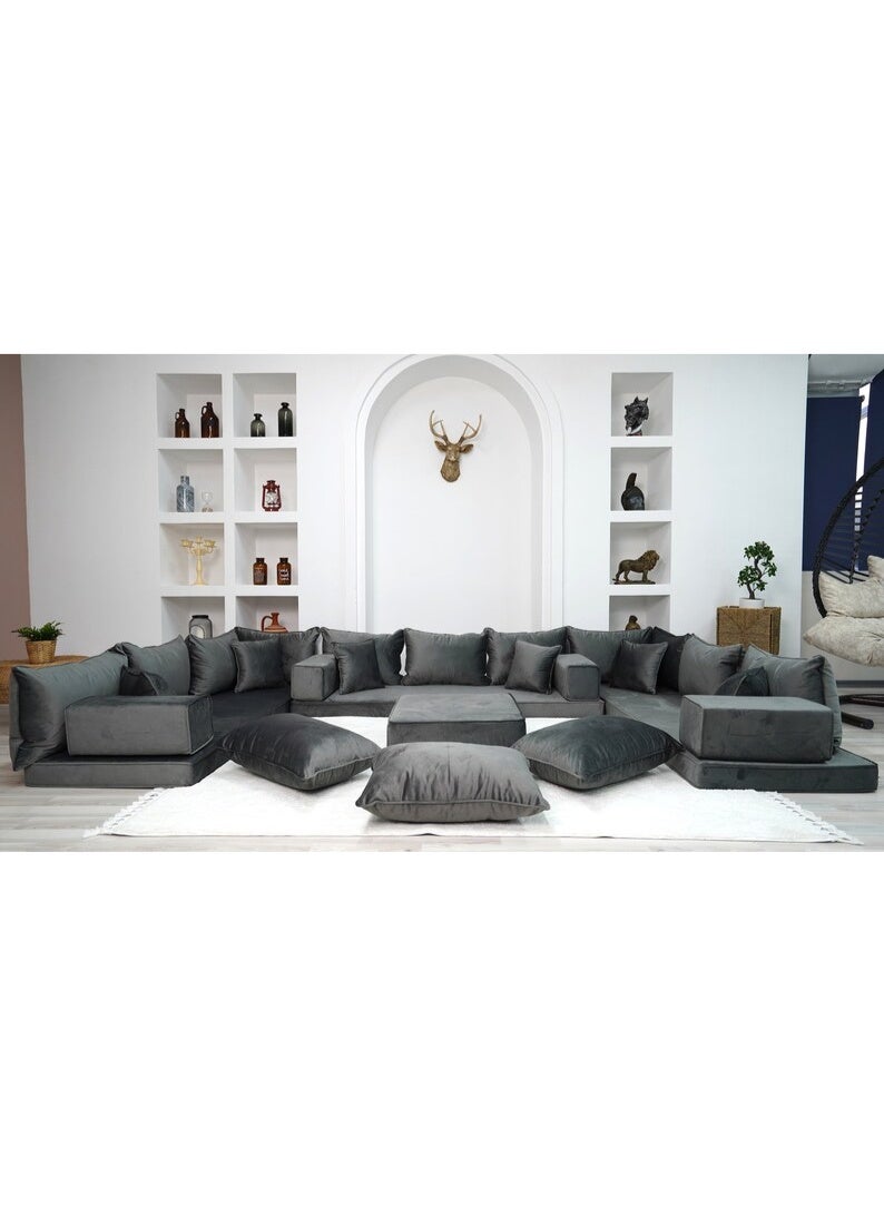 Xboat Modern U-Shaped Modular Sectional majlis Sofa Set, Grey Fabric, Deep Seating with Plush Cushions and Floor Cushions, Versatile Arrangement - Image 2