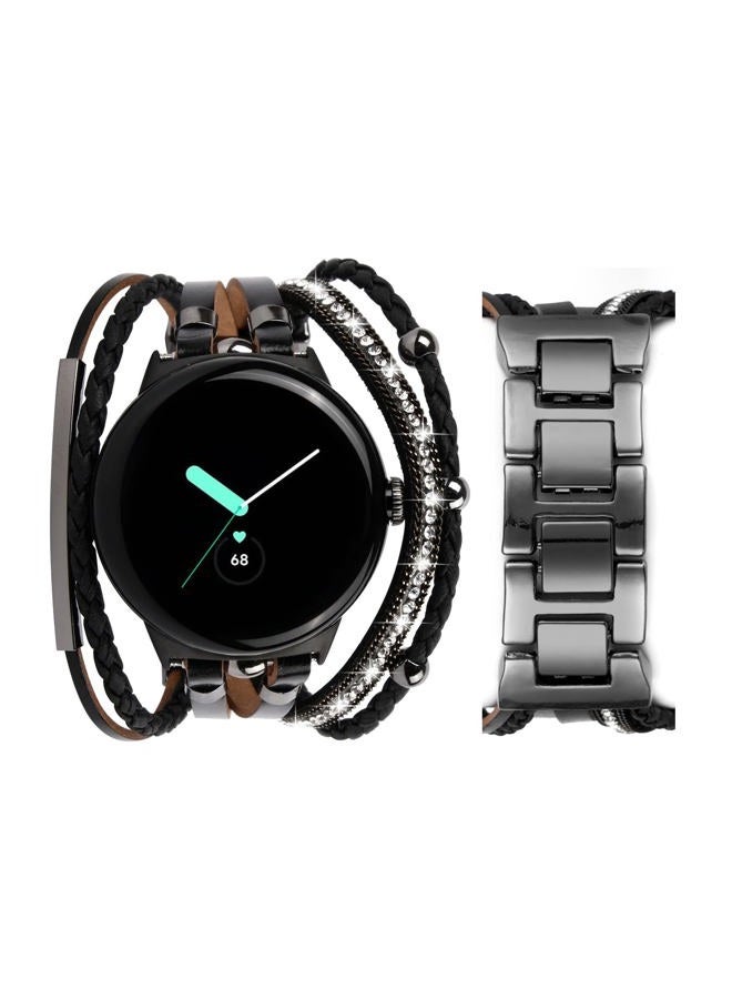 KONAFEI Compatible with Google Pixel Watch Band, Slim Handmade Leather Bracelets Boho Bead Metal Jewelry Strap Multilayer Wrap Wristband Accessories for Women (Black) - Image 3