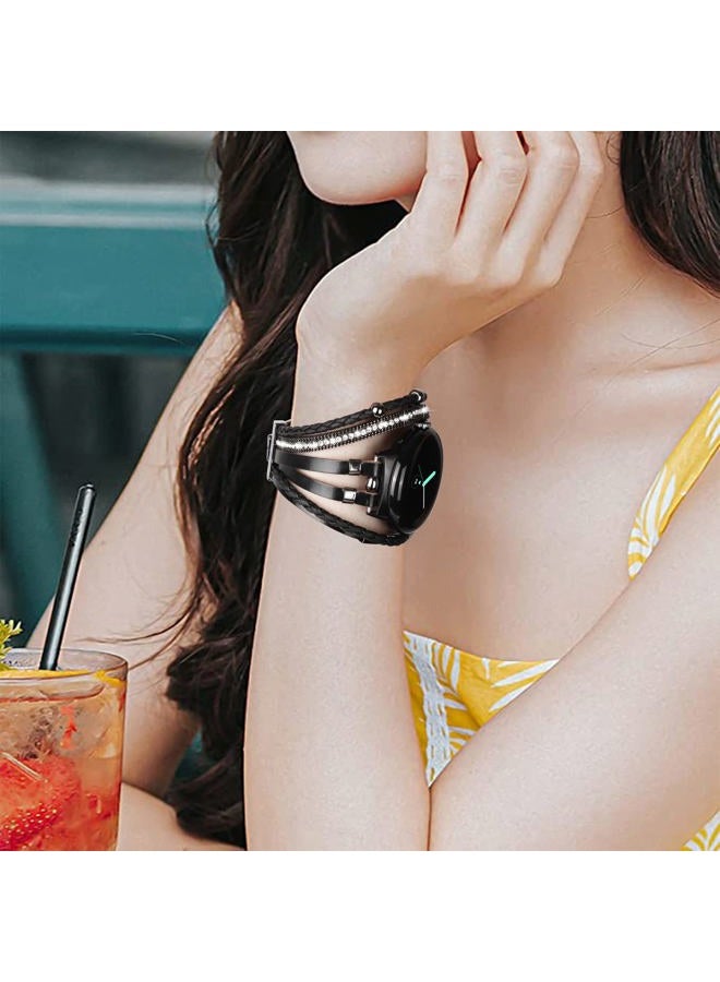 KONAFEI Compatible with Google Pixel Watch Band, Slim Handmade Leather Bracelets Boho Bead Metal Jewelry Strap Multilayer Wrap Wristband Accessories for Women (Black) - Image 4