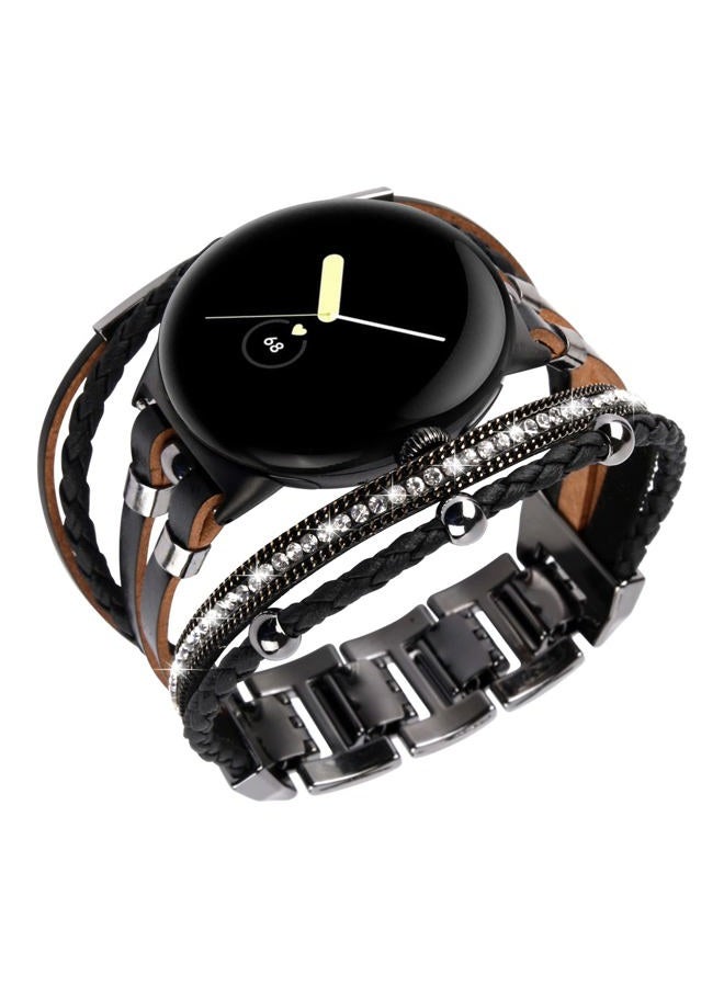 KONAFEI Compatible with Google Pixel Watch Band, Slim Handmade Leather Bracelets Boho Bead Metal Jewelry Strap Multilayer Wrap Wristband Accessories for Women (Black) - Image 2