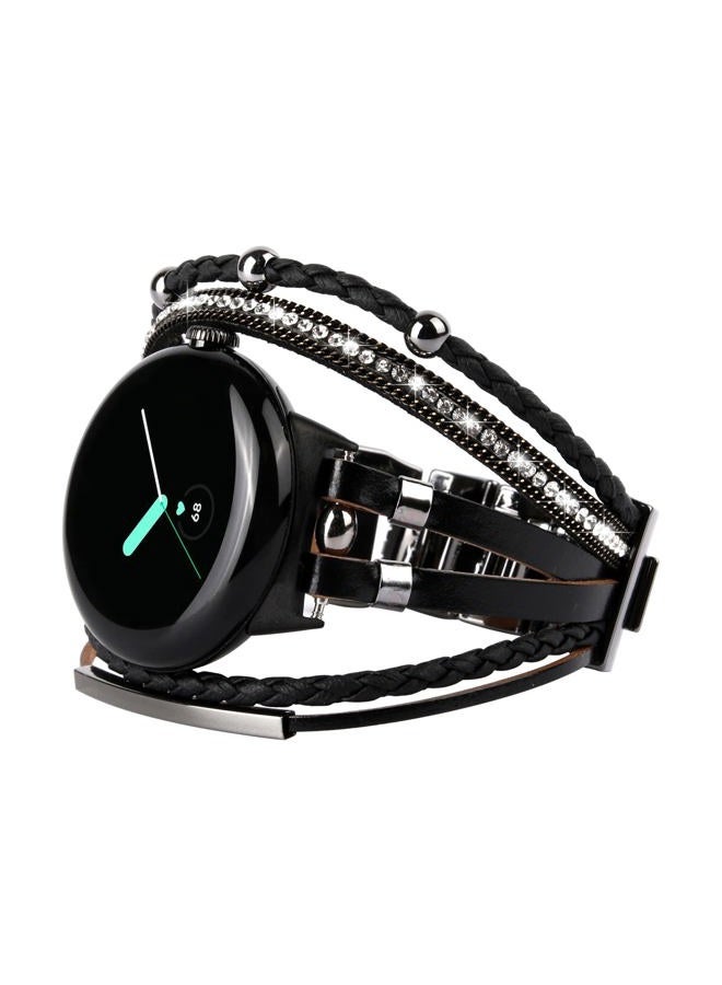 KONAFEI Compatible with Google Pixel Watch Band, Slim Handmade Leather Bracelets Boho Bead Metal Jewelry Strap Multilayer Wrap Wristband Accessories for Women (Black) - Image 1