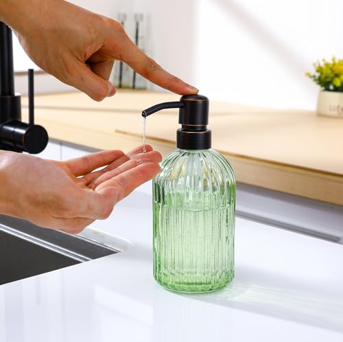 Leetcp 16Oz Green Glass Soap Dispenser with Rust Proof Bronze Stainless Steel Pump, Green Countertop Refillable Liquid Lotion Dispensers with Stainless Steel Pump, Oil Rubbed Bronze Soap Dispenser - Image 3