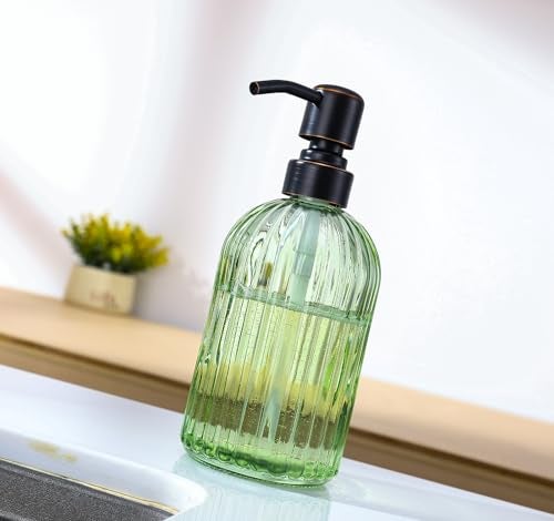 Leetcp 16Oz Green Glass Soap Dispenser with Rust Proof Bronze Stainless Steel Pump, Green Countertop Refillable Liquid Lotion Dispensers with Stainless Steel Pump, Oil Rubbed Bronze Soap Dispenser - Image 4