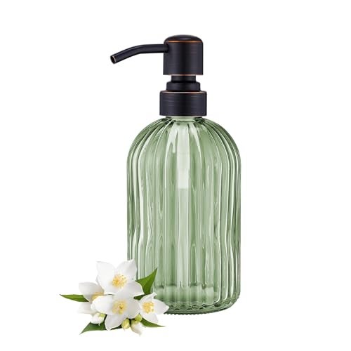 Leetcp 16Oz Green Glass Soap Dispenser with Rust Proof Bronze Stainless Steel Pump, Green Countertop Refillable Liquid Lotion Dispensers with Stainless Steel Pump, Oil Rubbed Bronze Soap Dispenser - Image 1