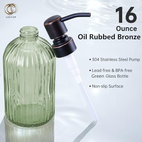 Leetcp 16Oz Green Glass Soap Dispenser with Rust Proof Bronze Stainless Steel Pump, Green Countertop Refillable Liquid Lotion Dispensers with Stainless Steel Pump, Oil Rubbed Bronze Soap Dispenser - Image 5