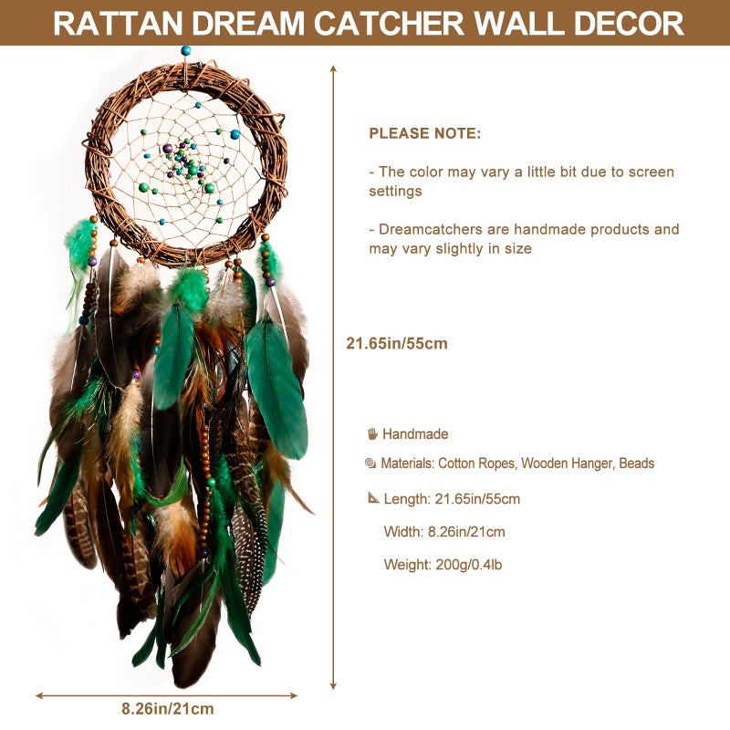 Artilady Dream Catcher Native American Boho Dreamcatcher Rattan Wall Decor, Handmade Natural Peacock Feathers Green Colorful Beaded Hanging Oranment Indian Decor for Girls Bedroom (Green Peacock Feather) - Image 5