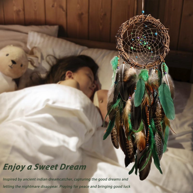Artilady Dream Catcher Native American Boho Dreamcatcher Rattan Wall Decor, Handmade Natural Peacock Feathers Green Colorful Beaded Hanging Oranment Indian Decor for Girls Bedroom (Green Peacock Feather) - Image 2