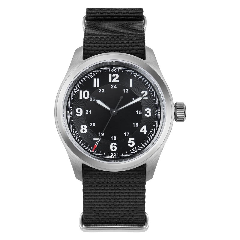 TACTICAL FROG Militado ML08 Field Watch for Men 38mm VH31 Sweeping Second Quartz Watch Sapphire Crystal 100M Water Resistant Screw Down Crown Black Woven Nylon Strap Black Dial with RedHand - Image 2