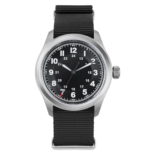 TACTICAL FROG Militado ML08 Field Watch for Men 38mm VH31 Sweeping Second Quartz Watch Sapphire Crystal 100M Water Resistant Screw Down Crown Black Woven Nylon Strap Black Dial with RedHand - Image 1