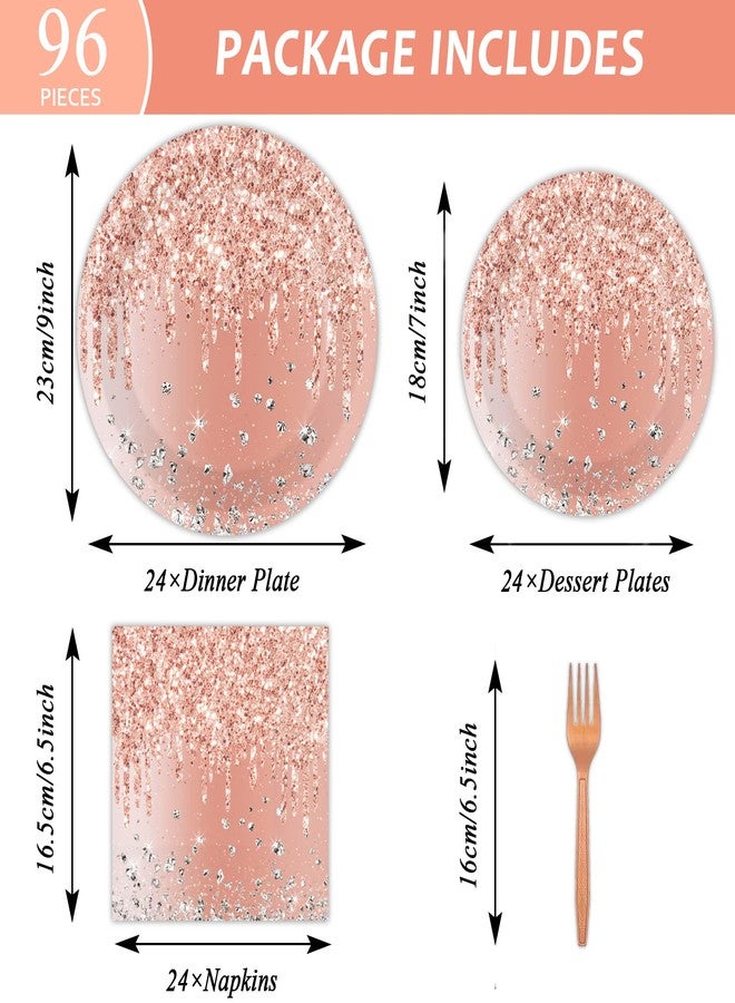 Tevxj طقم أدوات المائدة لعيد الميلاد 96 قطعة باللون الوردي والذهبي الوردية، أطباق حلوى قابلة للتصرف، مناديل، شوك لـ 24 ضيفًا - Image 2