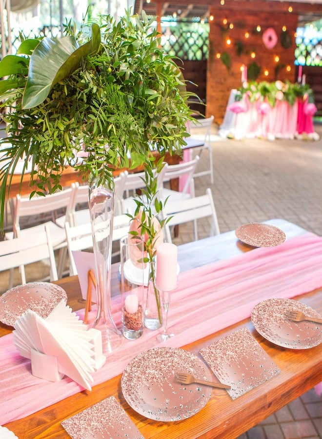 Tevxj طقم أدوات المائدة لعيد الميلاد 96 قطعة باللون الوردي والذهبي الوردية، أطباق حلوى قابلة للتصرف، مناديل، شوك لـ 24 ضيفًا - Image 4