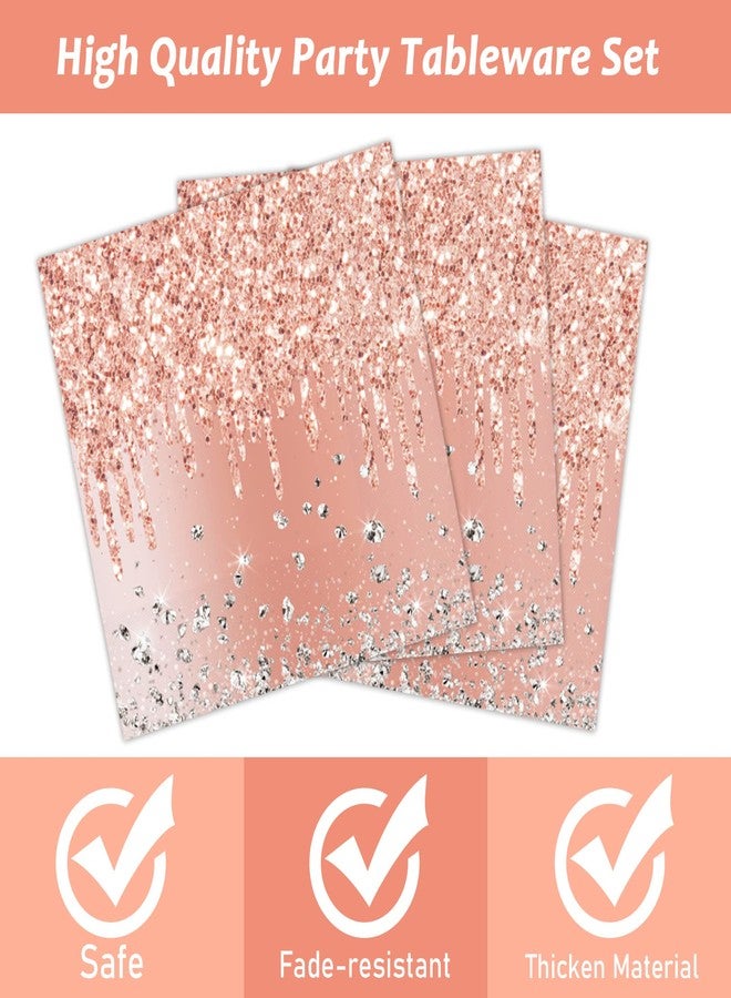 Tevxj طقم أدوات المائدة لعيد الميلاد 96 قطعة باللون الوردي والذهبي الوردية، أطباق حلوى قابلة للتصرف، مناديل، شوك لـ 24 ضيفًا - Image 3