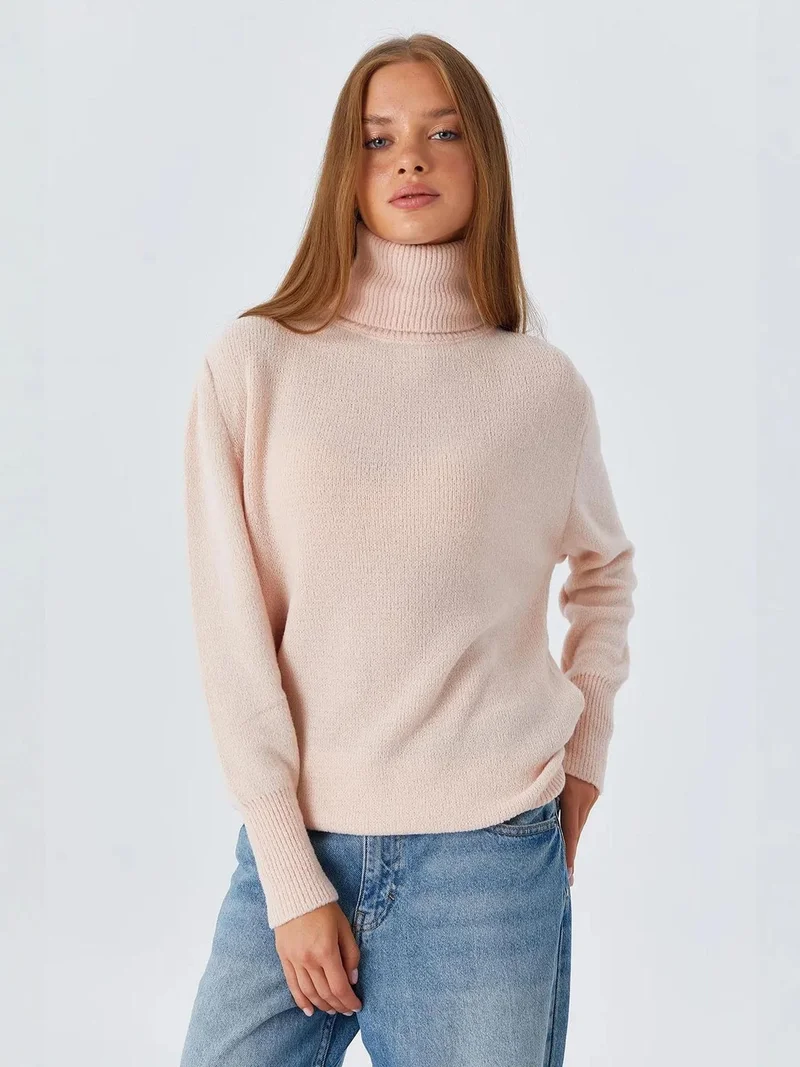 Mixray Powder Pink Mixray Thick Ribbed Turtleneck Sweater for Women | Best Price UAE