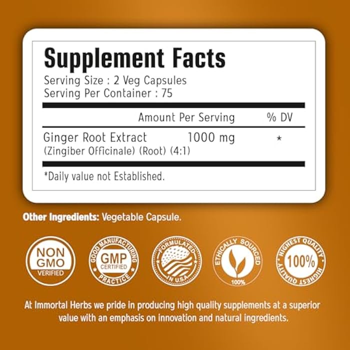 Immortal Herbs Ginger Root Capsules 1000mg, 4:1 Extract Powder, 150 Pills, Vegan, Non-GMO and Gluten-Free Ginger Supplement for Men and Women, 2 Month Supply - Image 2