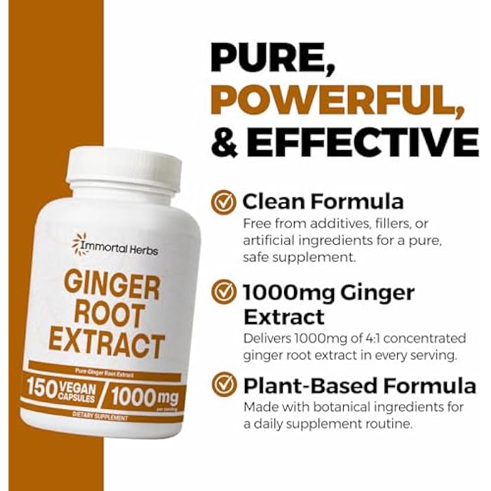 Immortal Herbs Ginger Root Capsules 1000mg, 4:1 Extract Powder, 150 Pills, Vegan, Non-GMO and Gluten-Free Ginger Supplement for Men and Women, 2 Month Supply - Image 3