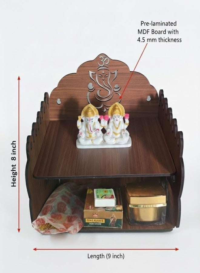 Bindian Wooden Wall Hanging Temple for Home & Office | 4.5mm Extra Thick MDF Pooja Mandir | Compact 2-Tier Shelf with Laser Cut Lord Ganesha & Om Design | DIY Assembly 8 x 9 Inch Walnut Brown - Image 4