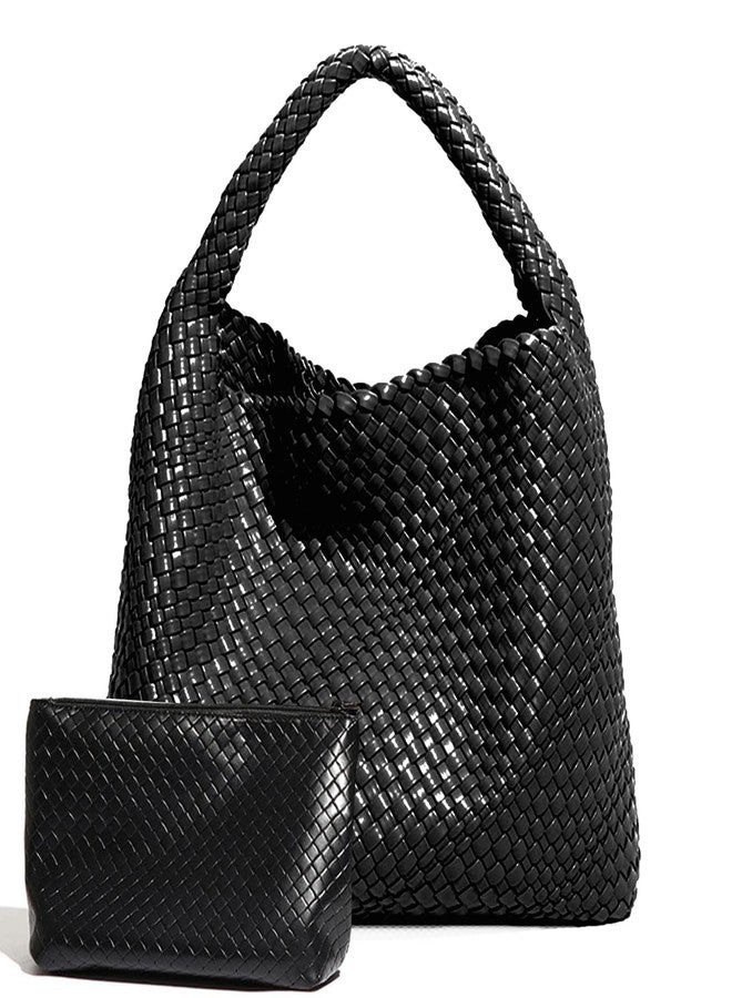 GEELYDA Woven Tote Bag for Women with Purse, Fashion Shoulder Top-handle Hobo Bags All-Match Underarm Bag, Large Capacity Leather Handmade Work Tote Commuter Day bags, Travel Bag, Shopper Bag, Black - Image 1