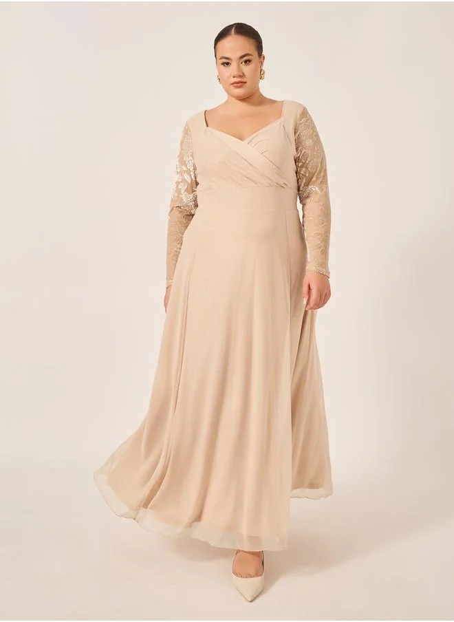 ستايلي Plus Size Flocked Floral Sleeves Sweetheart Neck A-Line Maxi Dress