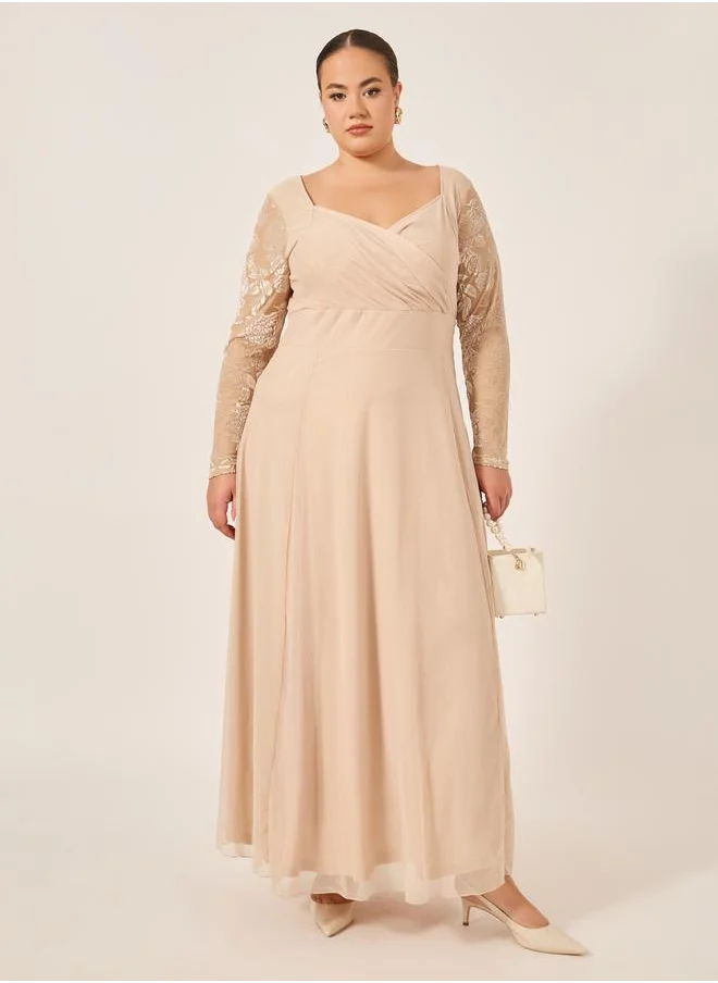 ستايلي Plus Size Flocked Floral Sleeves Sweetheart Neck A-Line Maxi Dress