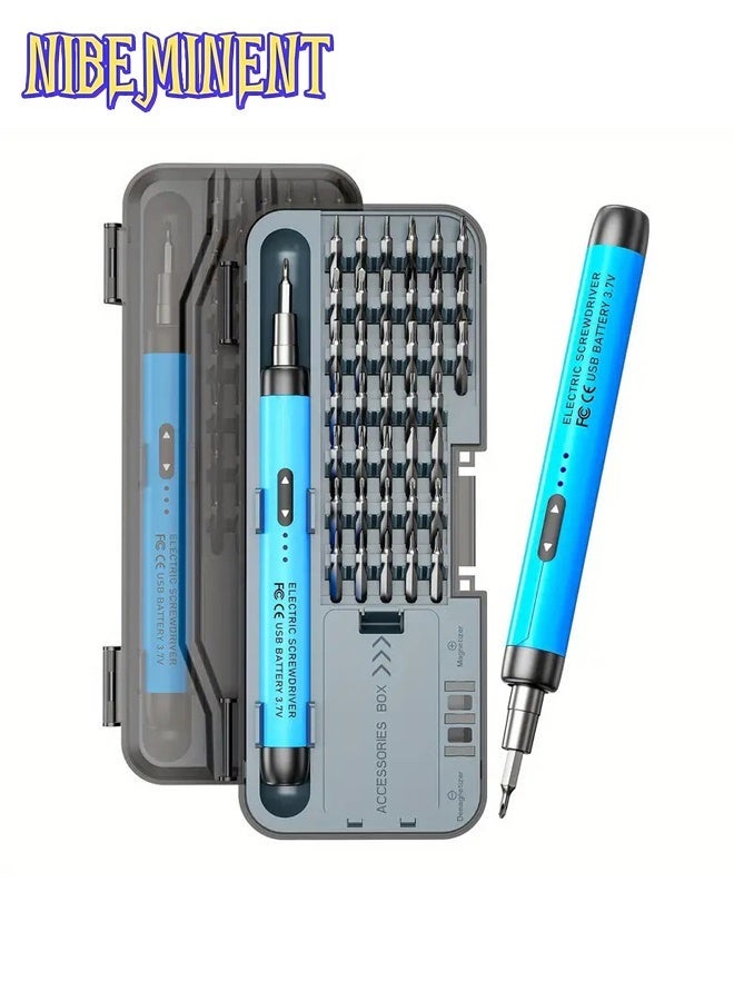 NIBEMINENT 46 in 1 Mini Electric Screwdriver Set with 38 Magnetic Precision Bits, USB Powered Rechargeable Lithium Battery, Portable Tool Kit for Home Use, Precision Repair Tool Kit for Phone, Laptop, Camera, Watch, Computer（Blue） - Image 1