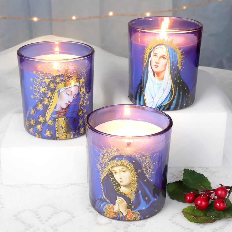 Flavcharm Blessed Virgin Mary Scented Candles - Set Of 3 Purple Glass Votive Candles For Church Vigil Devotional And Catholic Home Altar - Long-Lasting Burning  Rosemary Scented Soy Wax Jar Candles - Image 5