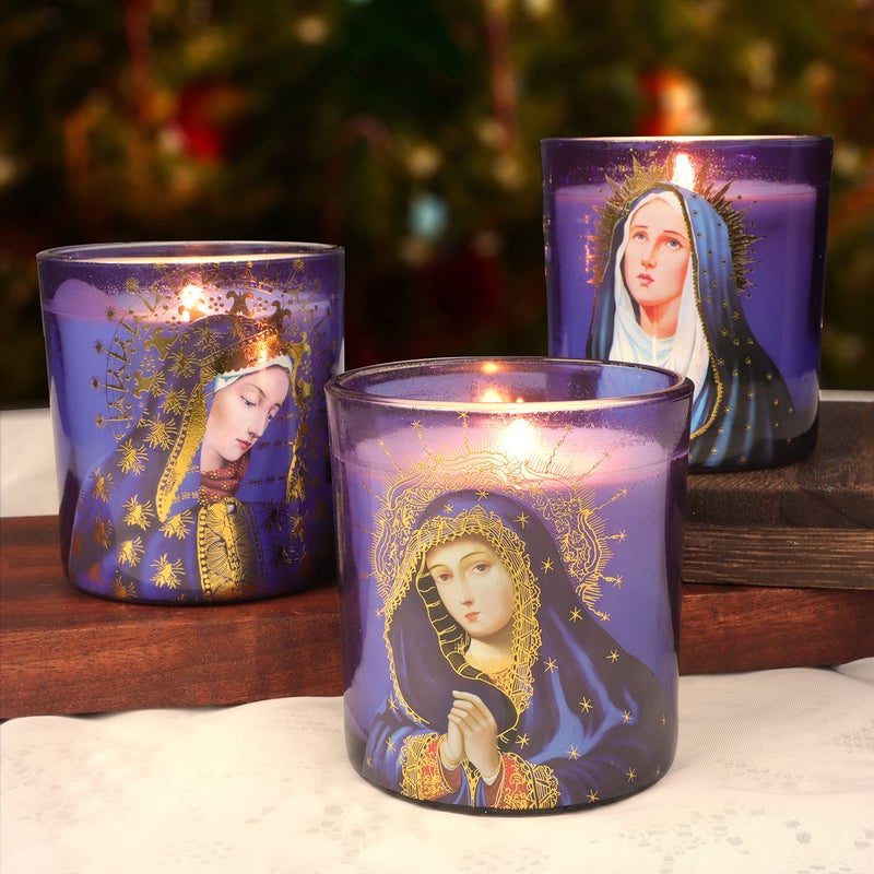 Flavcharm Blessed Virgin Mary Scented Candles - Set Of 3 Purple Glass Votive Candles For Church Vigil Devotional And Catholic Home Altar - Long-Lasting Burning  Rosemary Scented Soy Wax Jar Candles - Image 1