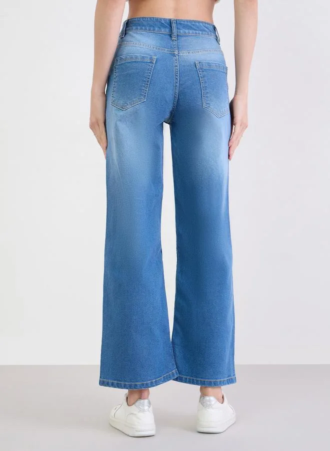 Styli Medium Blue Mid Rise Washed Straight Fit Jeans for Women | Best Price UAE