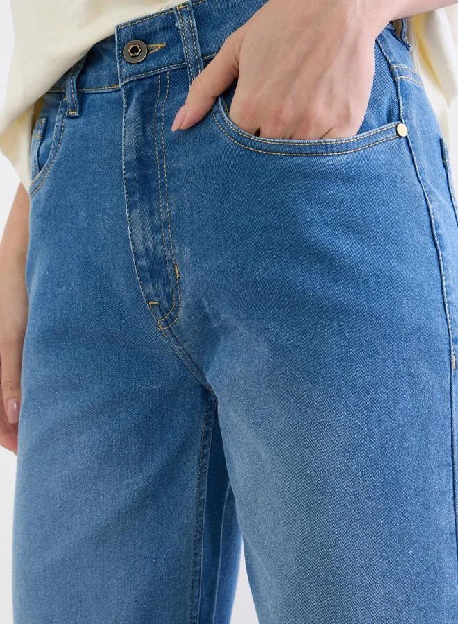Styli Medium Blue Mid Rise Washed Straight Fit Jeans for Women | Best Price UAE