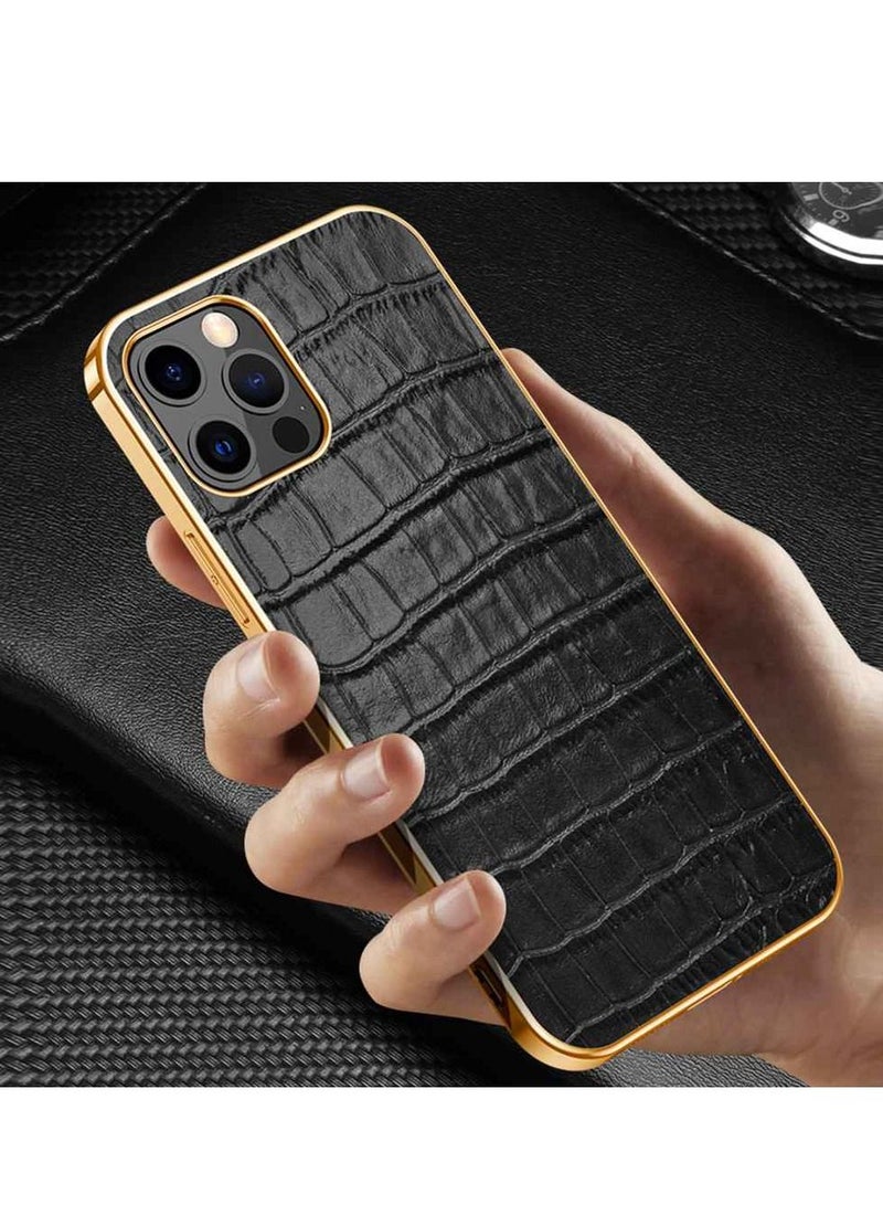 Genuine Leather Case For Apple iPhone 12 Pro Max Glossy Edge Crocodile Grain Cover  - Image 1