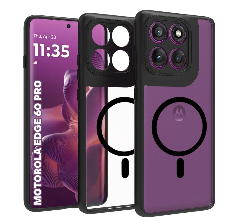 RIGGEAR Shockproof Tough Hybrid Armor Magnetic Back Cover Case Compatible with MagSafe Accessories for Motorola Moto Edge 60 Pro 5G (Clear PC and Black TPU Bumper) - Image 1