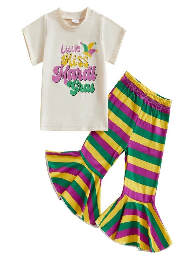 Pudcoco Kids Toddler Baby Girls Mardi Gras Outfit Litte Miss Mardi Gras T-shirt and Striped Bell Bottoms Set (Apricot, 3-4T) - Image 1