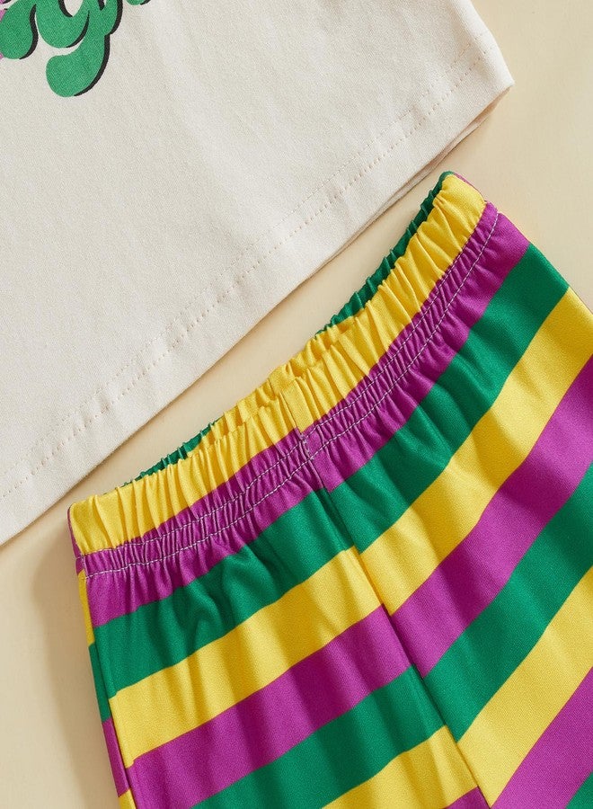 Pudcoco Kids Toddler Baby Girls Mardi Gras Outfit Litte Miss Mardi Gras T-shirt and Striped Bell Bottoms Set (Apricot, 3-4T) - Image 5