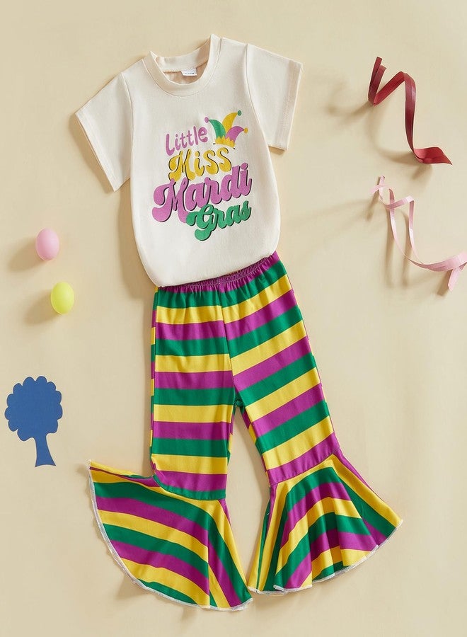 Pudcoco Kids Toddler Baby Girls Mardi Gras Outfit Litte Miss Mardi Gras T-shirt and Striped Bell Bottoms Set (Apricot, 3-4T) - Image 3