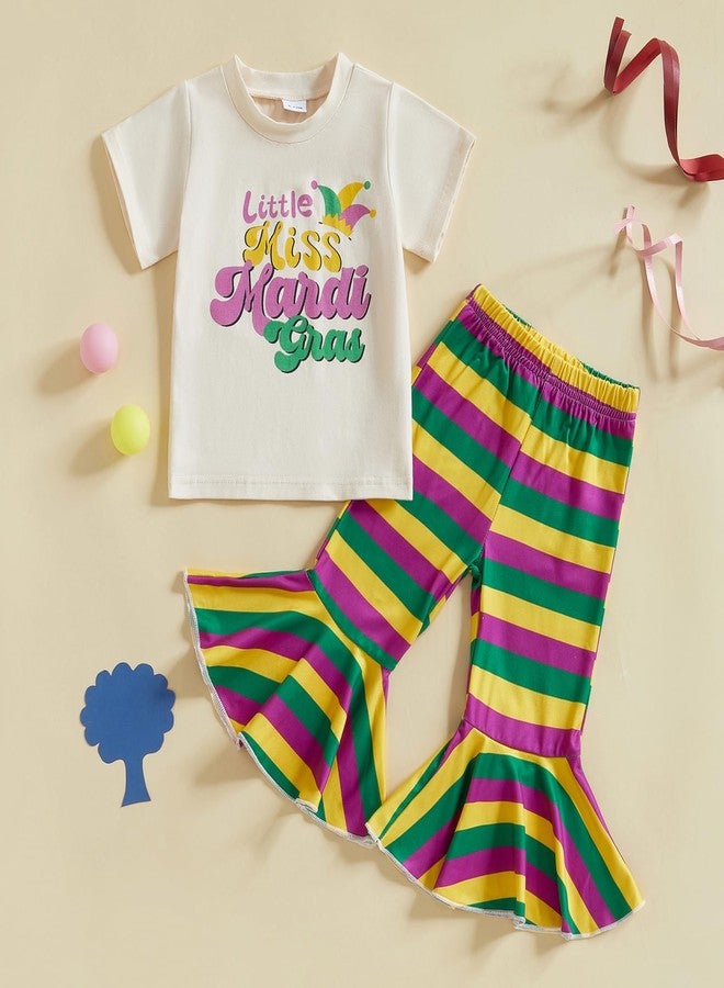 Pudcoco Kids Toddler Baby Girls Mardi Gras Outfit Litte Miss Mardi Gras T-shirt and Striped Bell Bottoms Set (Apricot, 3-4T) - Image 2