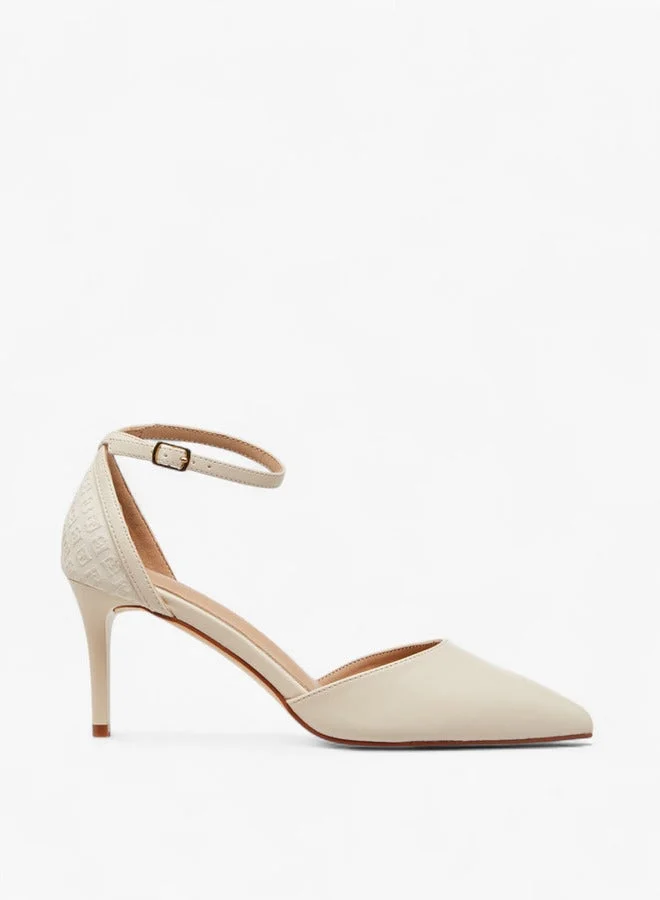 Flora Bella By Shoexpress Monogram Embossed Pointed Toe Shoes with Stiletto Heels and Buckle Closure
