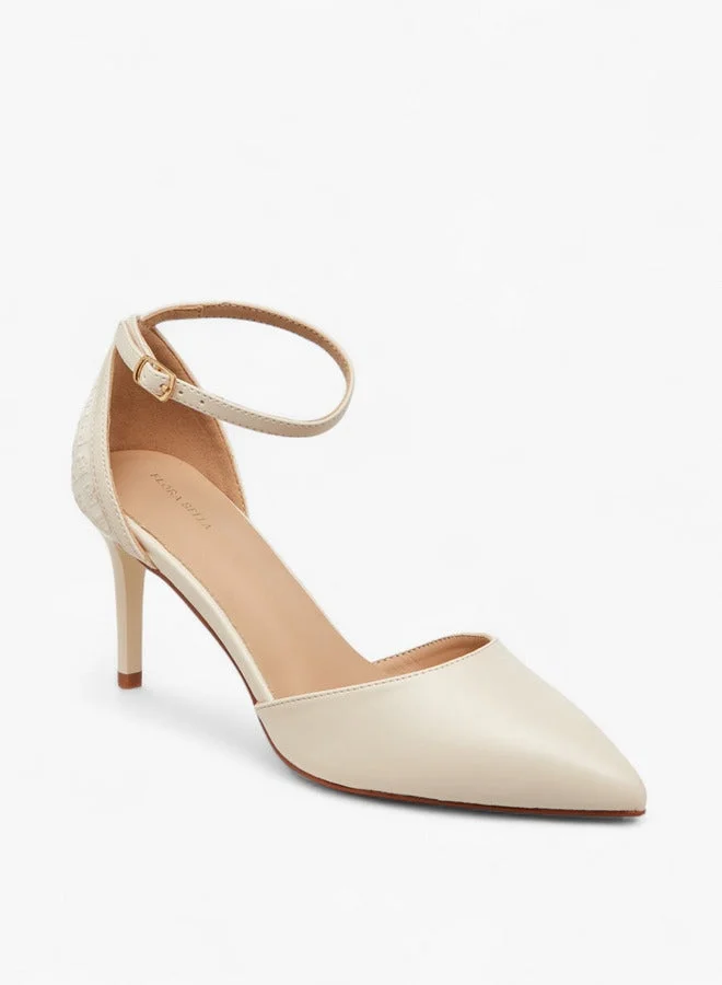 Flora Bella By Shoexpress Monogram Embossed Pointed Toe Shoes with Stiletto Heels and Buckle Closure