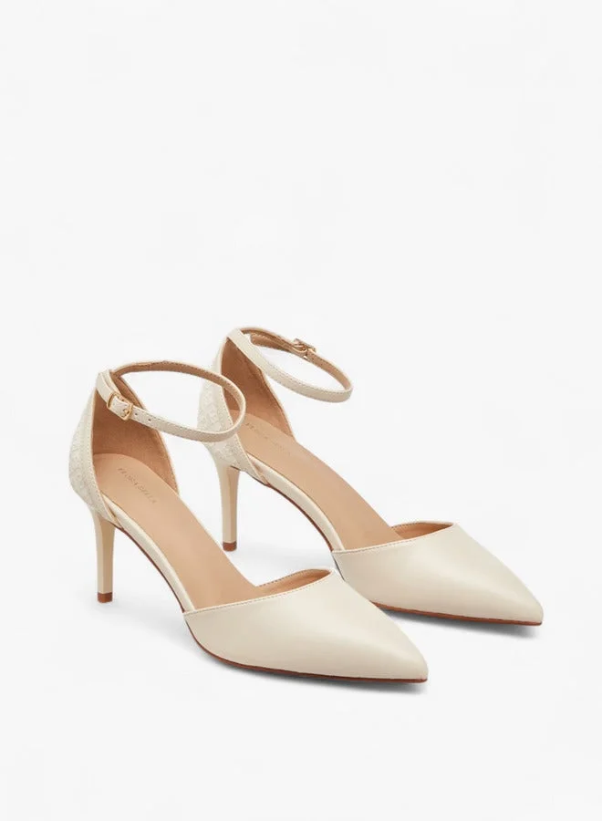 Flora Bella By Shoexpress Monogram Embossed Pointed Toe Shoes with Stiletto Heels and Buckle Closure