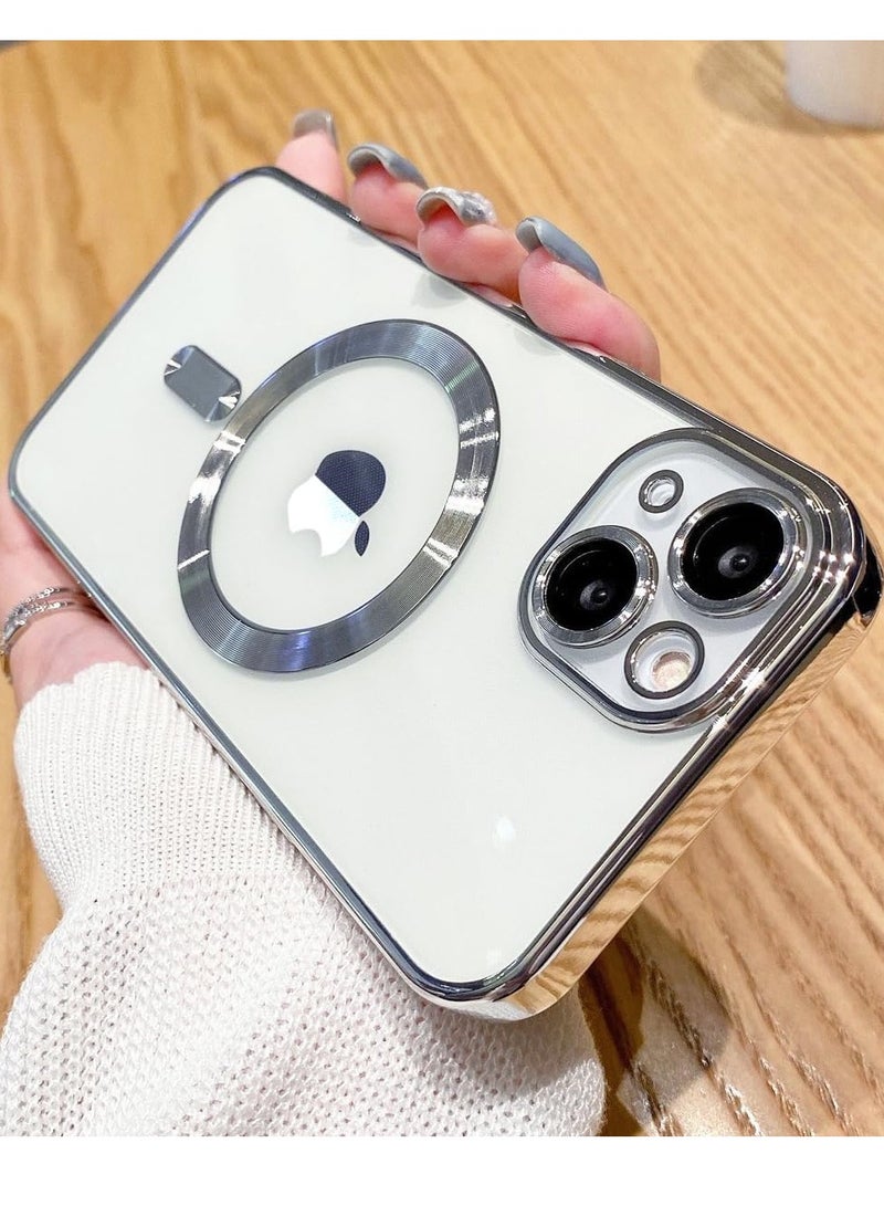 MIGOFAST IPhone 13Mini Magnetic Case for Case Compatible with MagSafe  Camera Lens Protector Plating Luxury Cover for Women Men Clear Soft TPU Shockproof Protective Phone Case iPhone 13Mini Silver) - Image 2