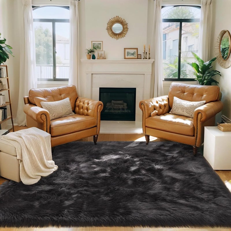 Ciicool Faux Fur Rug Black Fluffy Area Rugs for Bedroom, Thick Fuzzy Shag Rug Furry Bedside Nursery Rug for Living Room Plush Indoor Floor Carpet for Kids Room Teen Dorm, 3x5 ft - Image 2