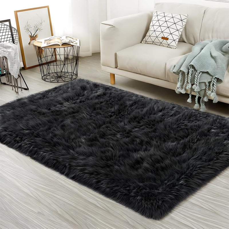 Ciicool Faux Fur Rug Black Fluffy Area Rugs for Bedroom, Thick Fuzzy Shag Rug Furry Bedside Nursery Rug for Living Room Plush Indoor Floor Carpet for Kids Room Teen Dorm, 3x5 ft - Image 1