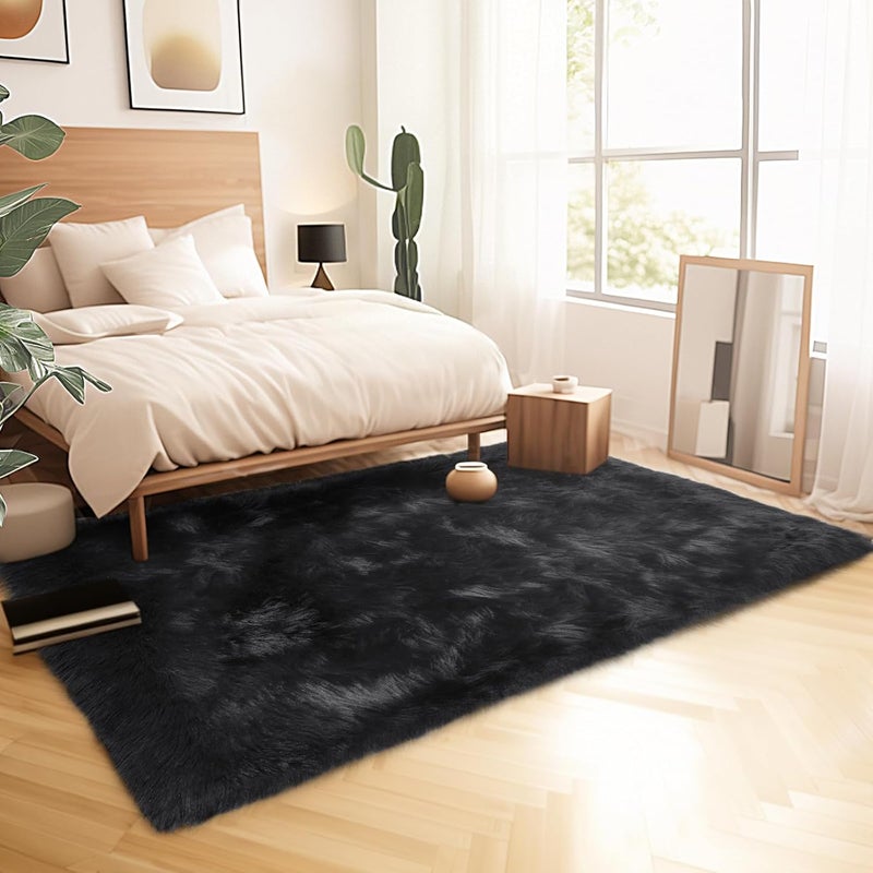 Ciicool Faux Fur Rug Black Fluffy Area Rugs for Bedroom, Thick Fuzzy Shag Rug Furry Bedside Nursery Rug for Living Room Plush Indoor Floor Carpet for Kids Room Teen Dorm, 3x5 ft - Image 3