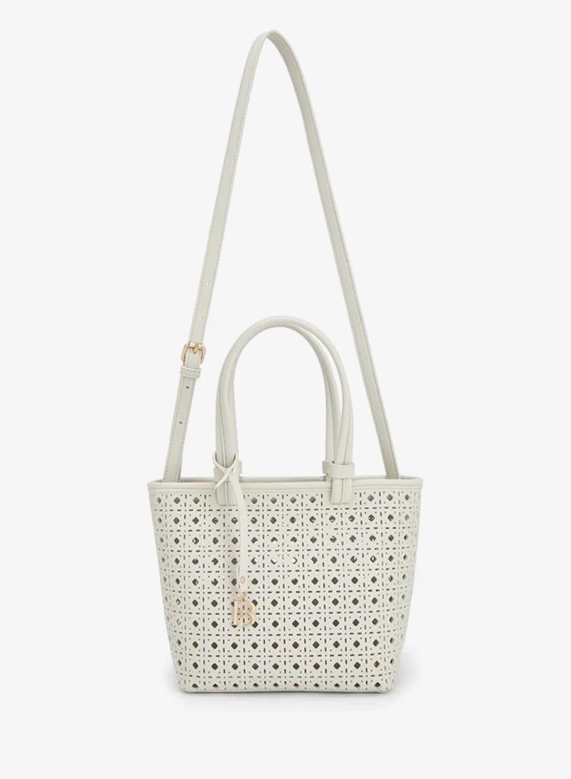 Flora Bella By Shoexpress Cream Laser Cut Tote Double Handle Bag With Fb Hanging Charm for Women | Best Price UAE