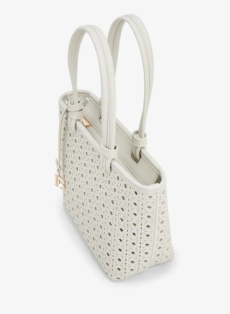 Flora Bella By Shoexpress Cream Laser Cut Tote Double Handle Bag With Fb Hanging Charm for Women | Best Price UAE
