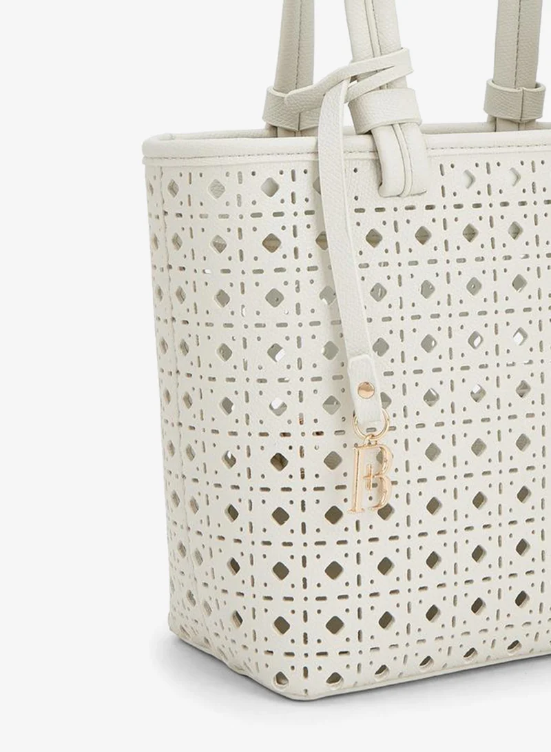Flora Bella By Shoexpress Cream Laser Cut Tote Double Handle Bag With Fb Hanging Charm for Women | Best Price UAE