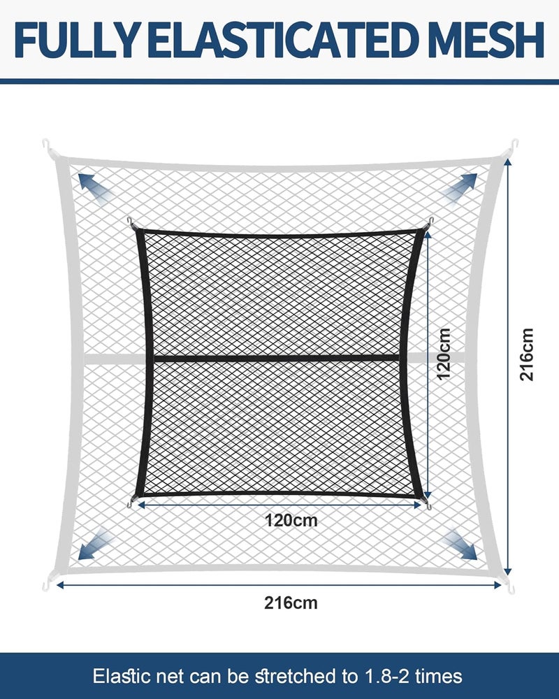 FoundGo 120x120cm Elastic Cargo Net Stretches to 210x210cm Truck Bed Net Luggage Net for Truck Motorhome Van Pickup incl.4x Steel Carabiners + 4x ABS Hooks + 2x straps - Single Layer Water rust proof - Image 2