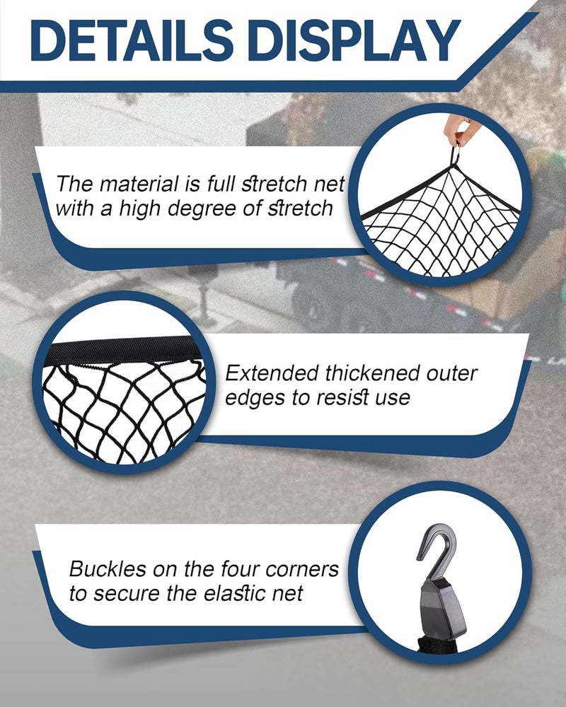 FoundGo 120x120cm Elastic Cargo Net Stretches to 210x210cm Truck Bed Net Luggage Net for Truck Motorhome Van Pickup incl.4x Steel Carabiners + 4x ABS Hooks + 2x straps - Single Layer Water rust proof - Image 3
