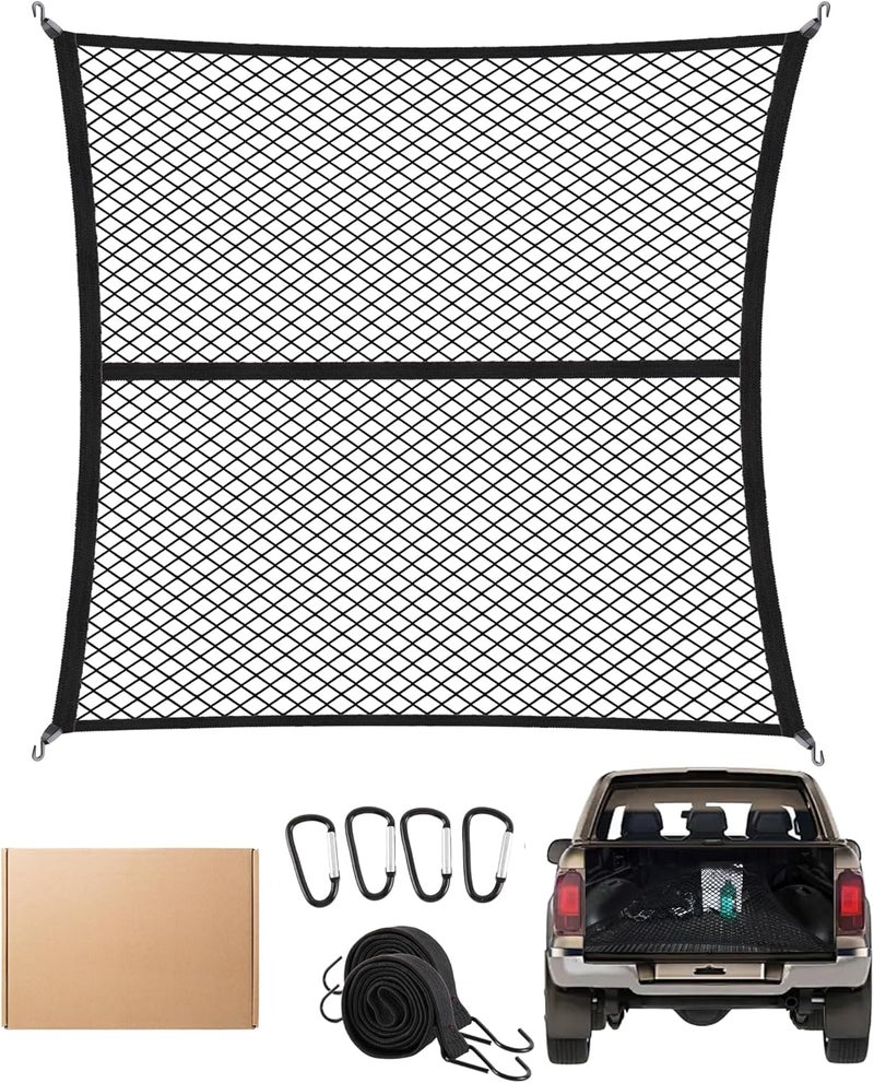 FoundGo 120x120cm Elastic Cargo Net Stretches to 210x210cm Truck Bed Net Luggage Net for Truck Motorhome Van Pickup incl.4x Steel Carabiners + 4x ABS Hooks + 2x straps - Single Layer Water rust proof - Image 1